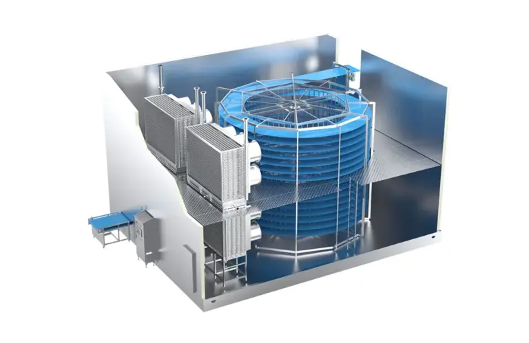 SQUARE spiral freezer with a blue spiral conveyor
