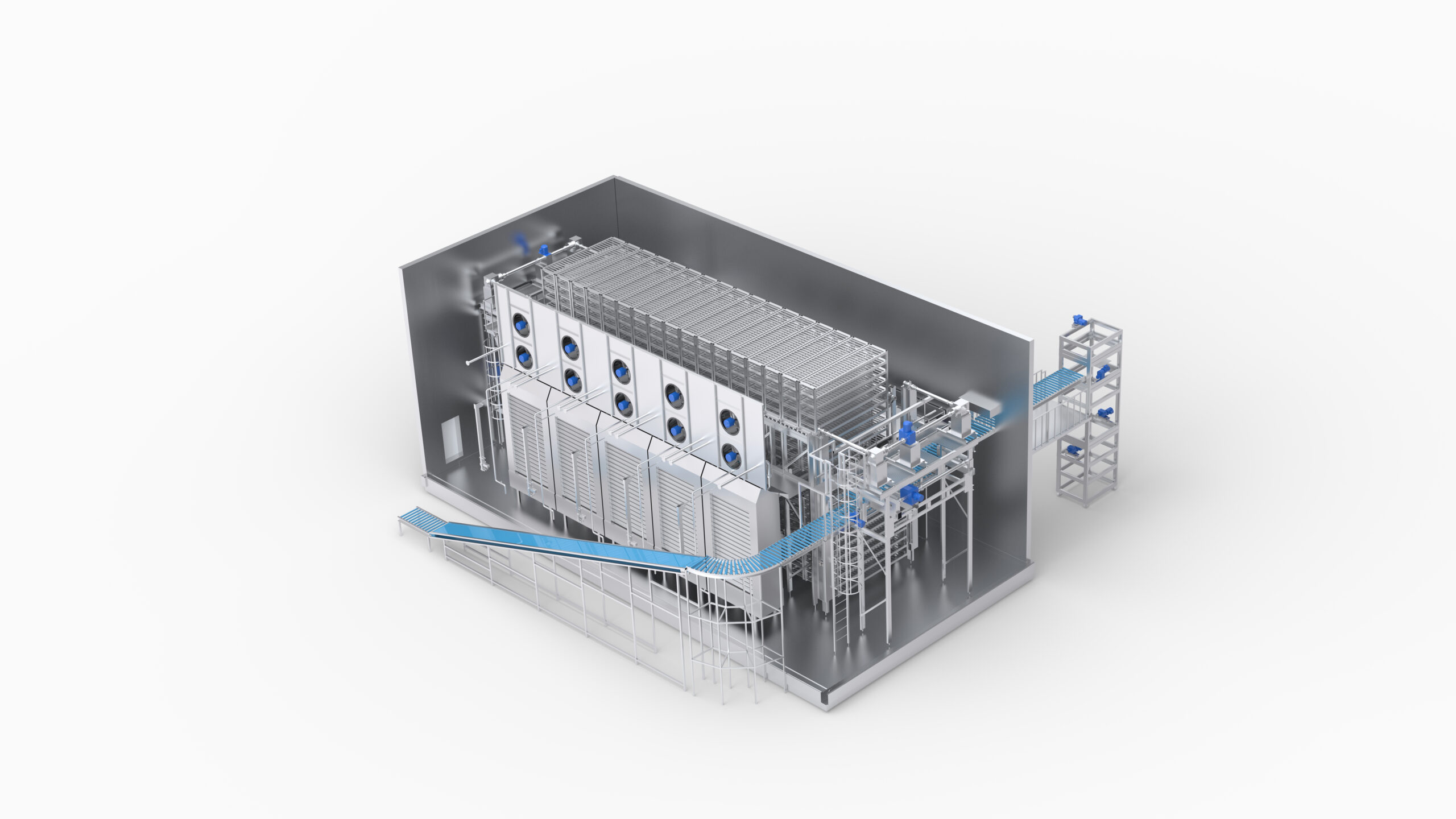 Manufacturer rendering of the carton freezer with conveyors and storage racks
