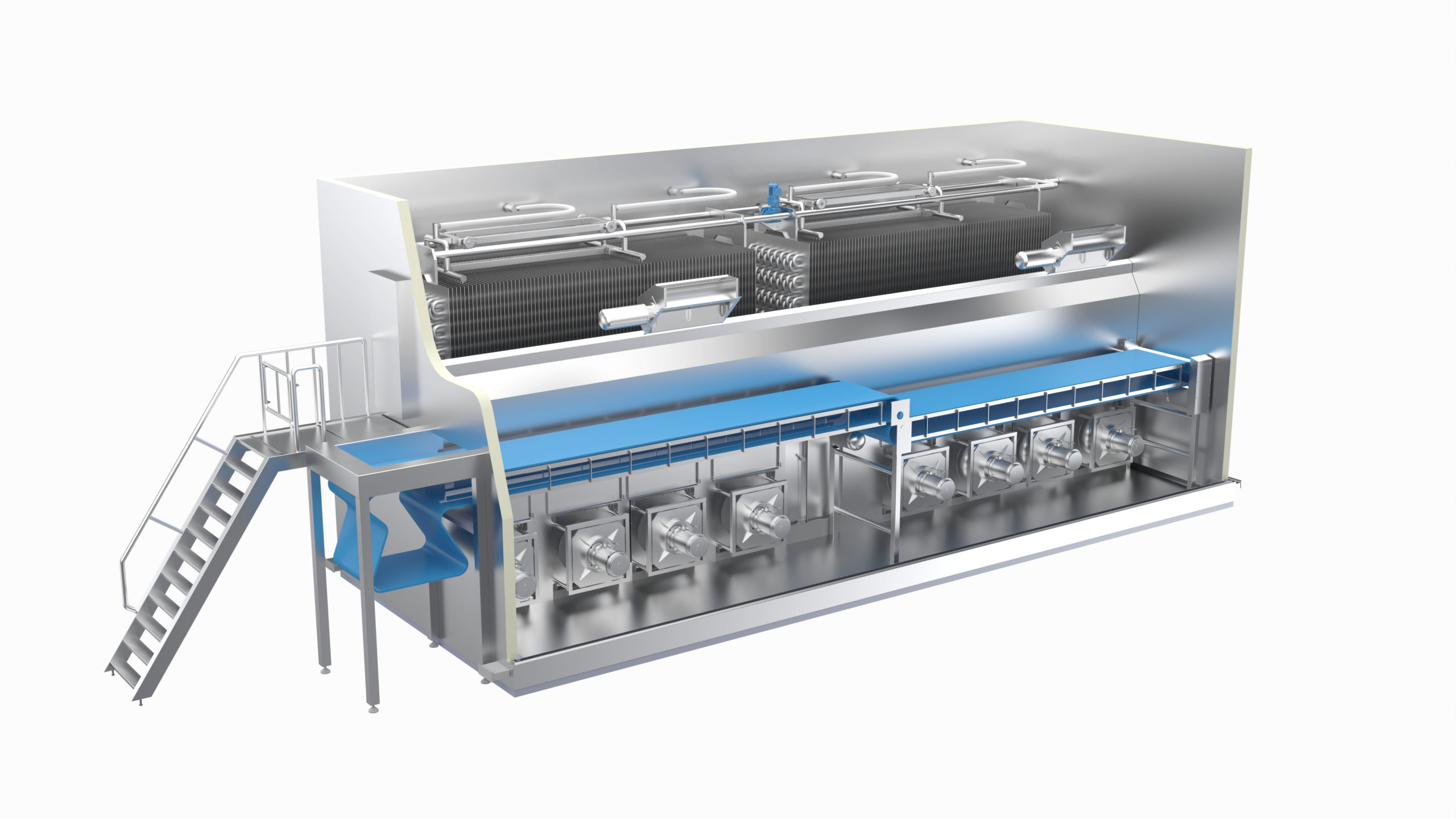 Manufacturer cutaway rendering of the fluidized bed freezer with fans and evaporators