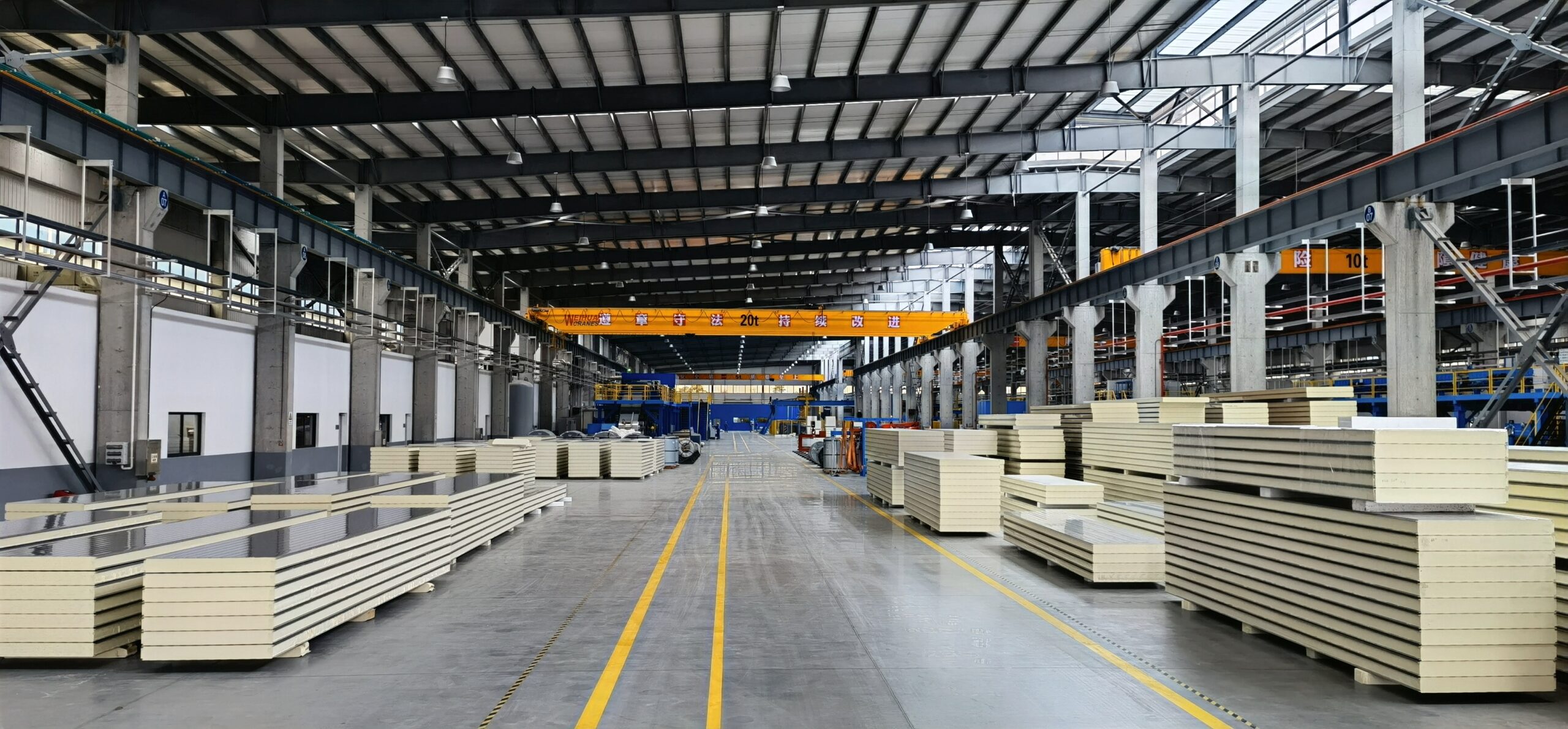 Insulated cold room panels stacked in the Square production workshop
